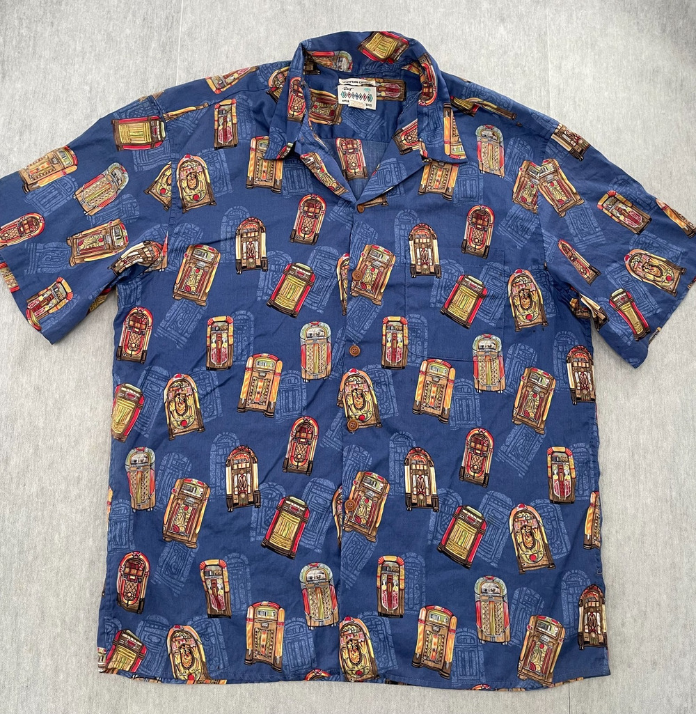 VINTAGE Reyn Spooner Shirt Adult XL Blue Egyptian Cotton Jukebox Hawaiian Button